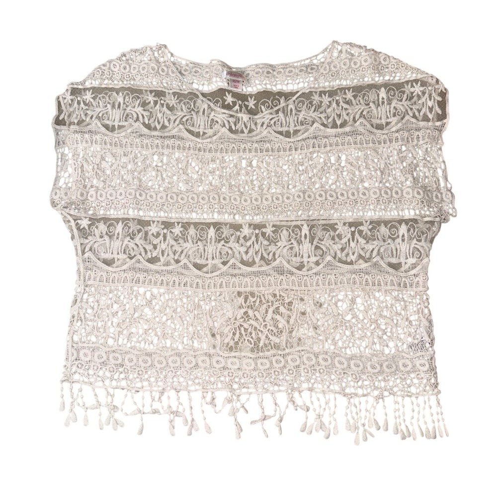 Xhilaration Lace Top XS White Boho Tassel Fringe Sheer Floral Crochet Overlay